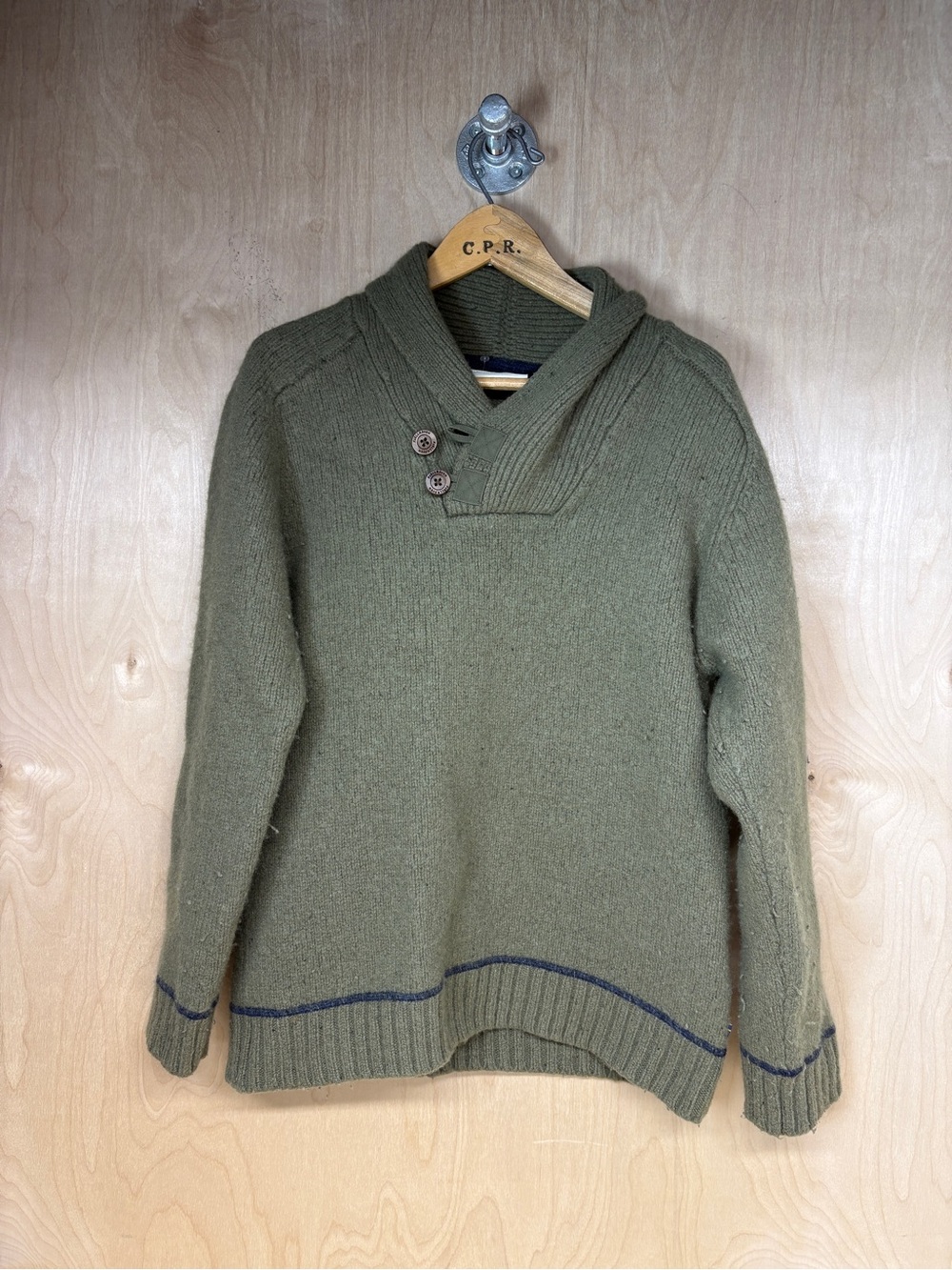Fjallraven Olive Shawl-Collar V-Neck Sweater with Button Accent